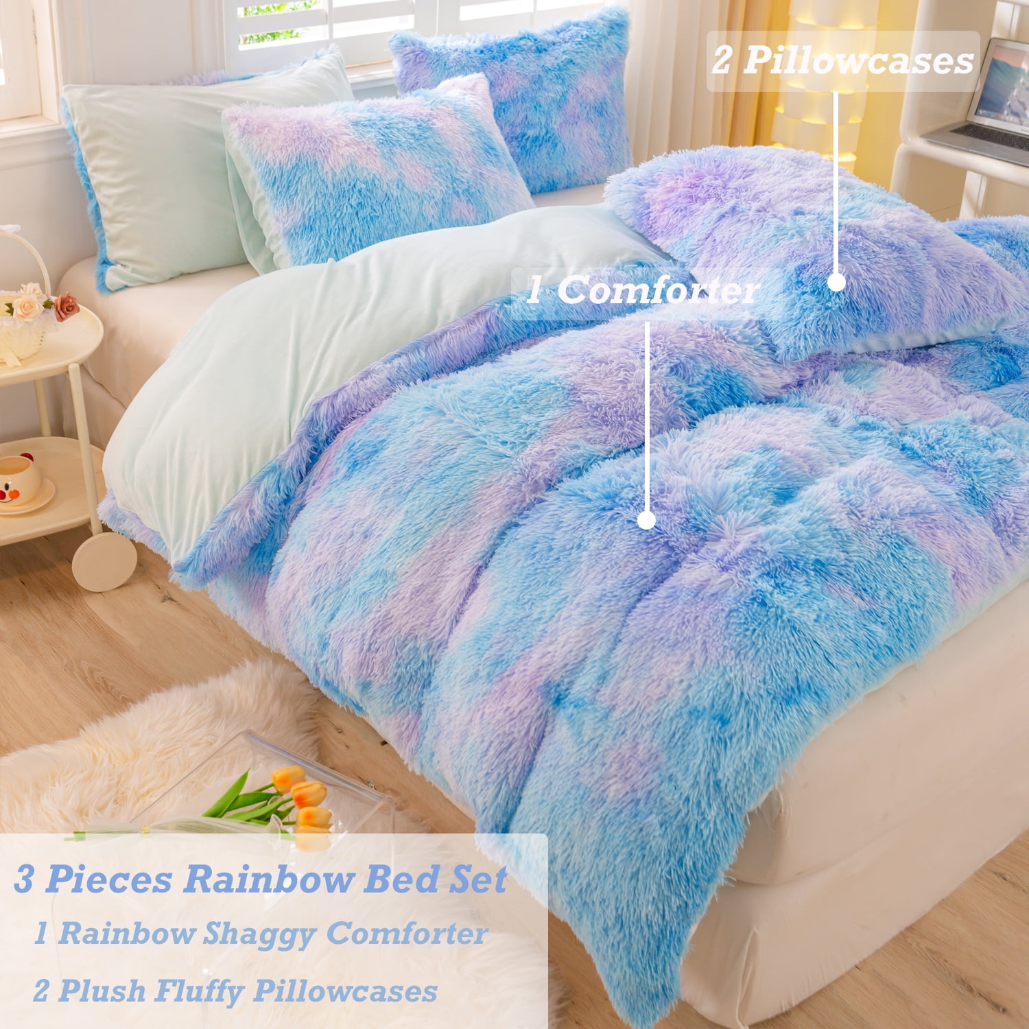 URBONUR Blue Rainbow Girls Comforter Set Twin Plush Shaggy Bedding Set Fluffy Comforter Faux Fur Fuzzy Bedding Set for Girls Ultra Soft Cozy Bed Sets(1 Fluffy Comforter + 2 Pillowcases)