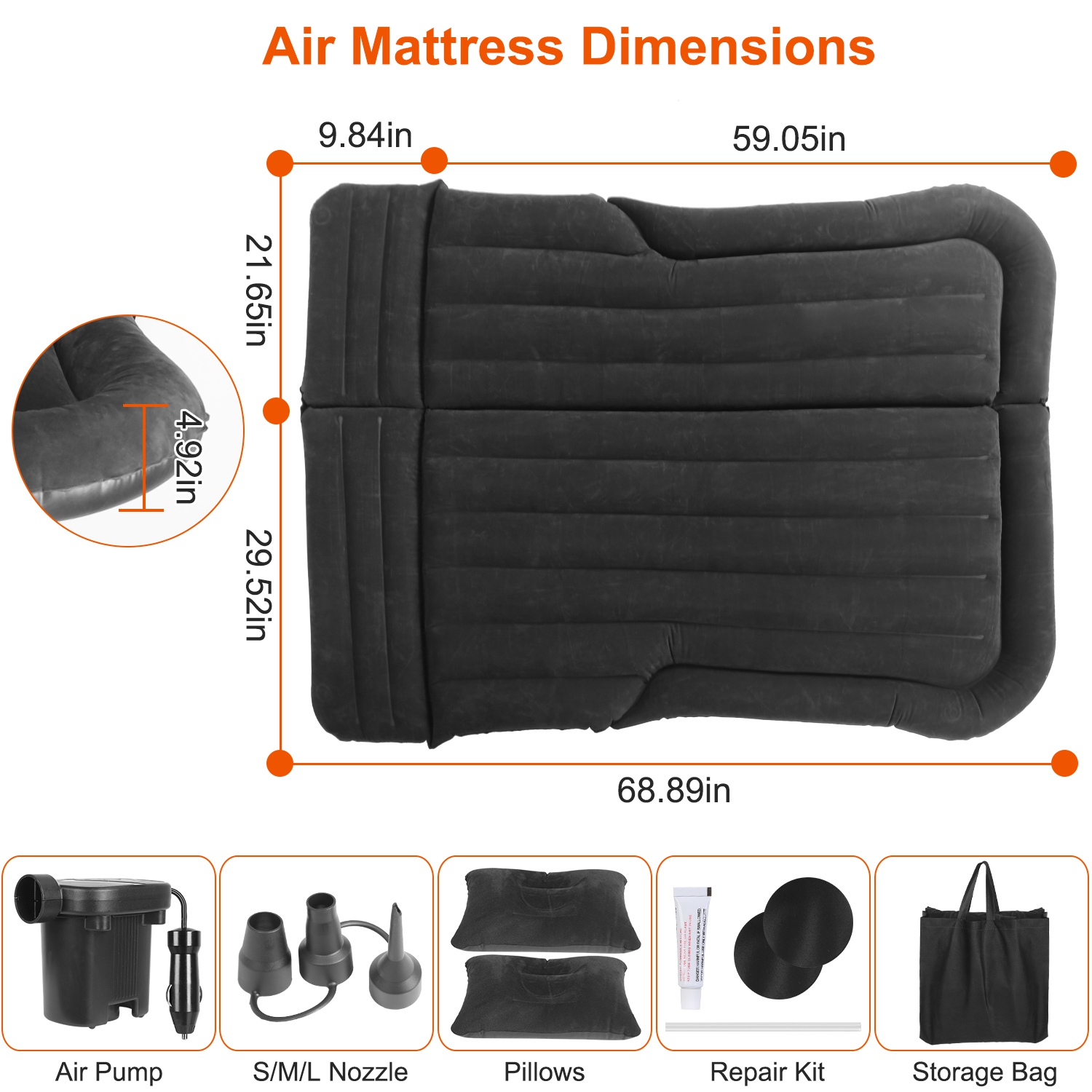 130x175x12.5cm/51.18x68.89x4.92in SUV Air Mattress Thickened Camping Bed Cushion with Pillow Air Pump Storage Bag PVC Flocked Car Bed for Home Car Travel Camping (black)
