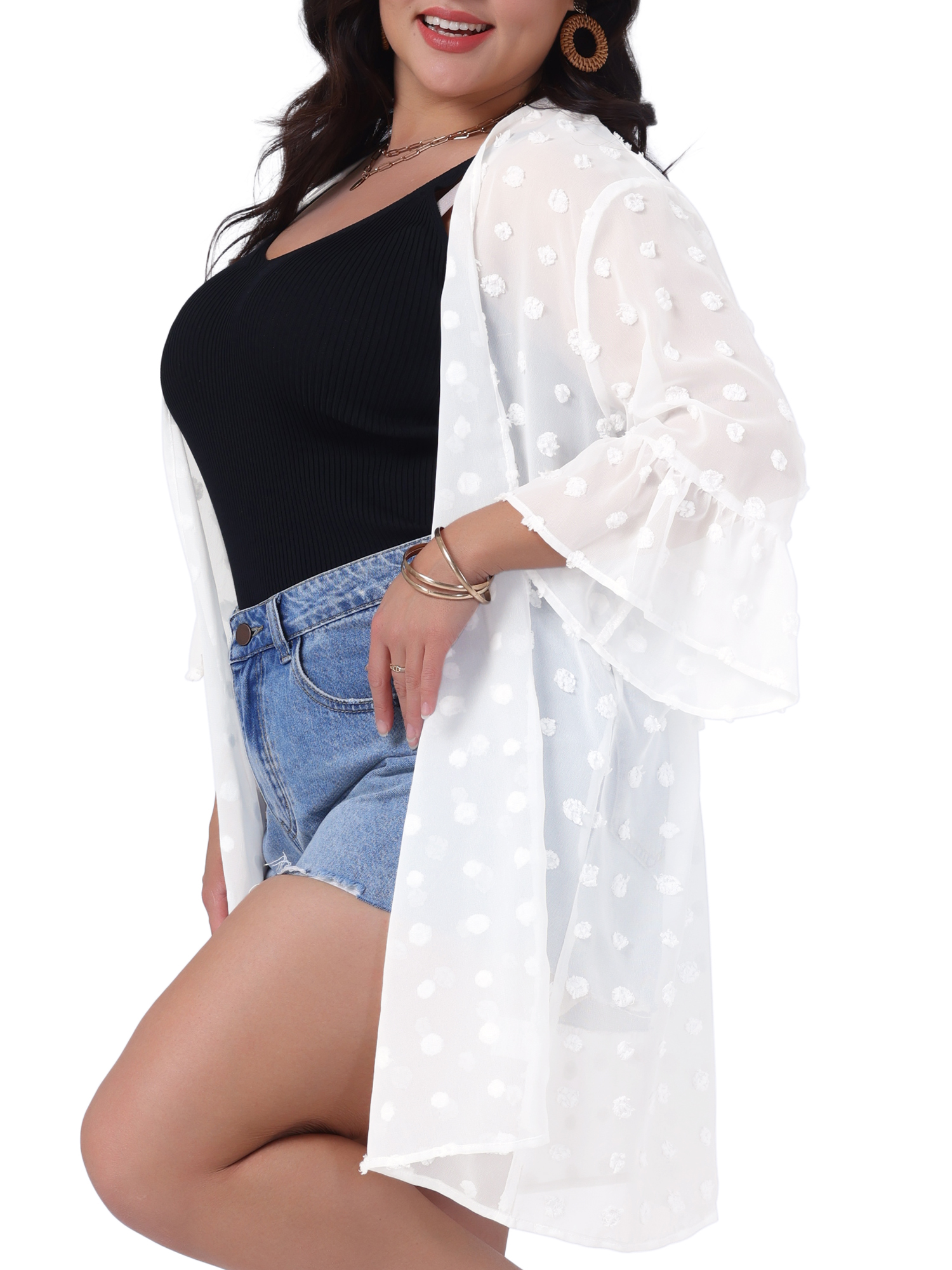 DARING DIVA Plus Size Half Sleeve Shrugs Open Front Chiffon Tops 1X White
