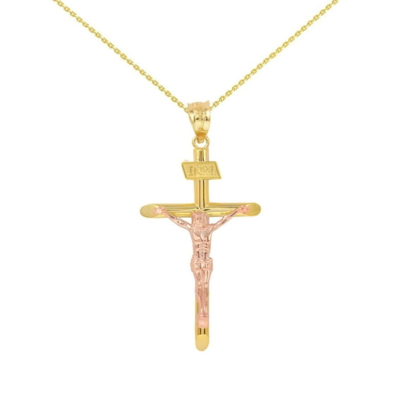 SOLID TWO TONE YELLOW GOLD AND ROSE GOLD INRI CROSS PENDANT NECKLACE ( 1.60") : 10K Pendant with 20" chain