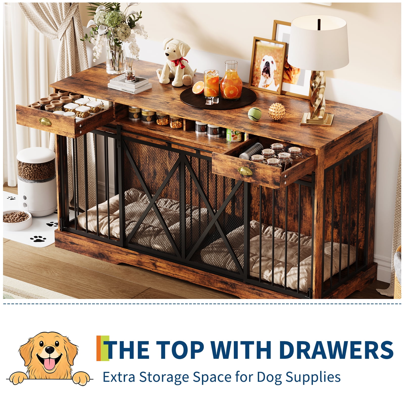 Large Dog Crate Furniture, Heavy Duty Dogs Cage with Double Doors, Divider, 2 Drawers, Sliding Doors, Indoor Puppy Kennel Side Table TV Stand for Small and Medium Sized Dog(Brown+Black)