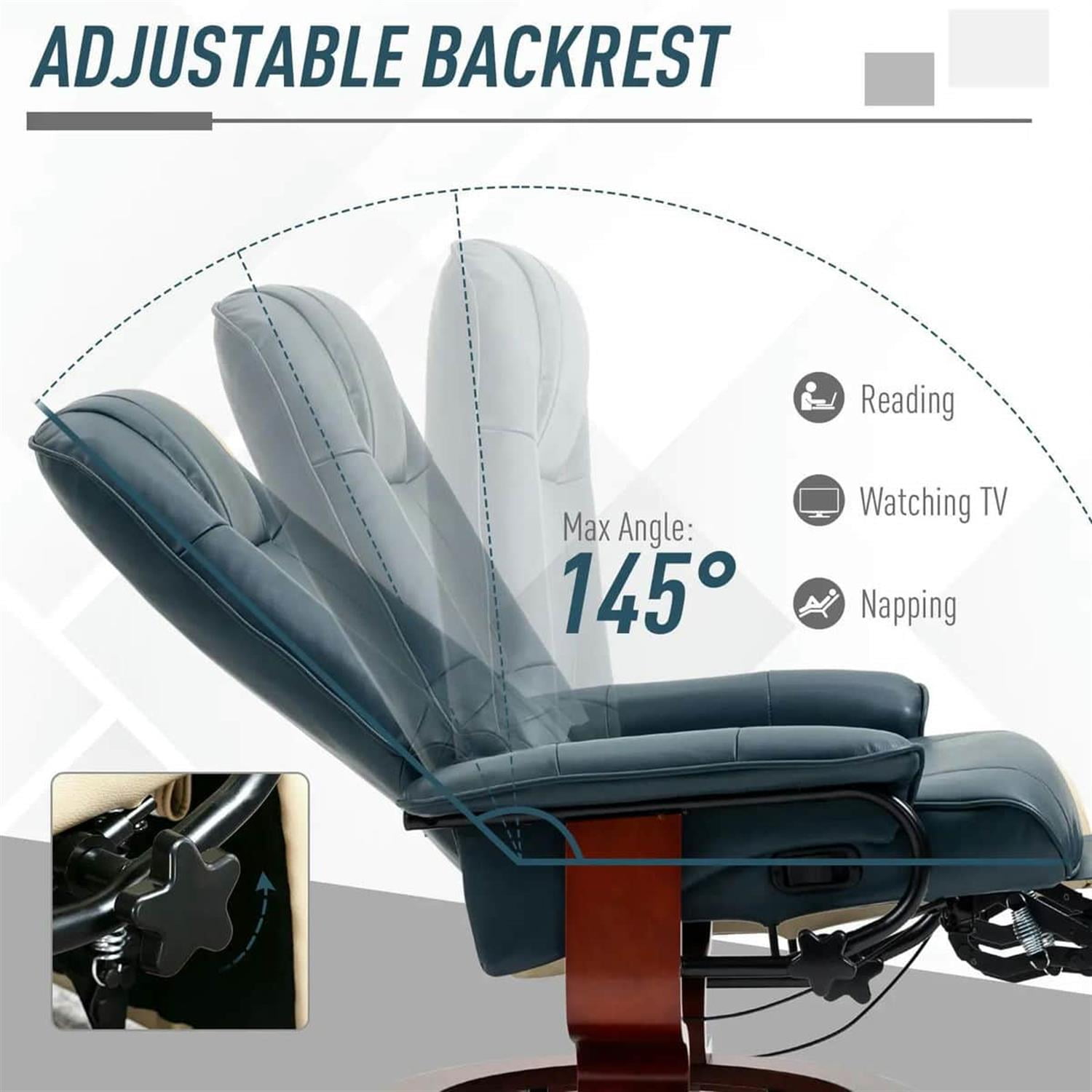 Demi Bonn 39" Faux Leather Swivel Recliner with Footrest, Armrest and Wooden Base for Living Room, Comfort High-Backed Sofa Chair, Blue