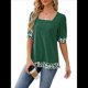 thumbnail image 2 of Camiseta de Verano para Mujer, Estilo Casual, de Corta y Cuello Cuadrado, Holgada, con Estampado de Vaca y Bloques de Color. Verde Oscuro XXL, 2 of 9
