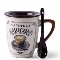 Ceramic Coffee Mug With Lid And Spoon Classic Cappuccino Print Large Capacity Cup For Hot Beverages Tea Milk Office Home Use