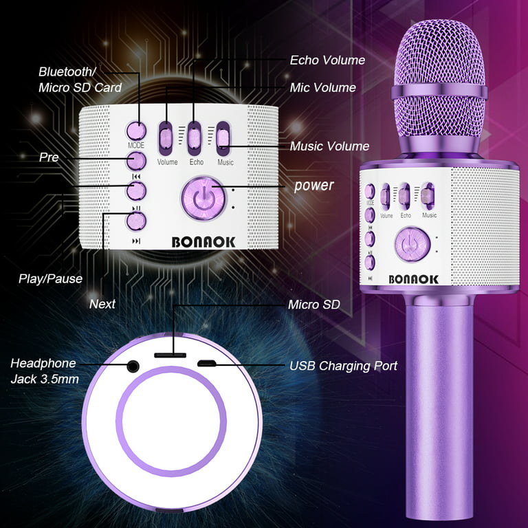 BONAOK Wireless Bluetooth Karaoke Microphone for Kids&Adults Light Purple |  2-Pack 