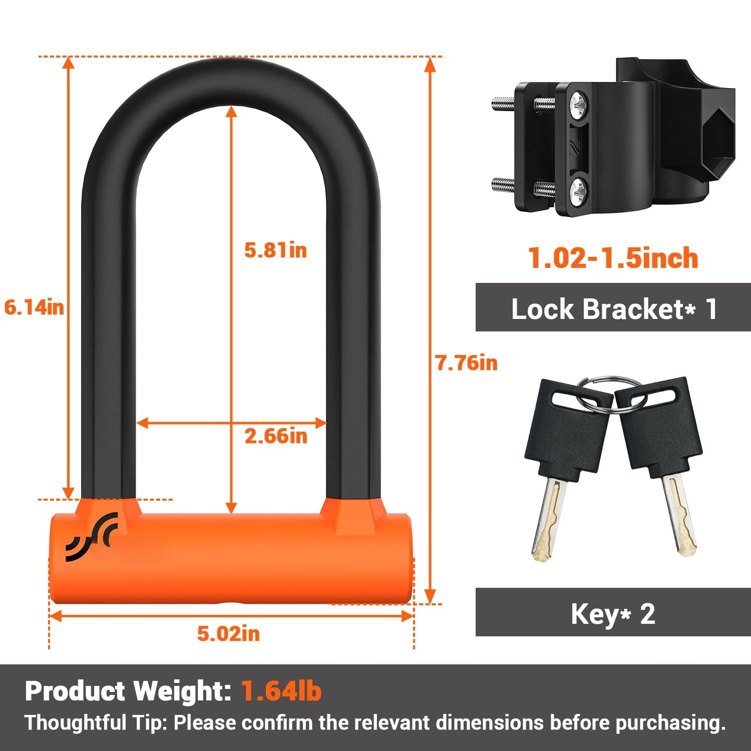 Bike Lock - 17mm Shackle Heavy Duty Anti U With 2 Keys Bicycle U-locks Sturdy Mounting Bracket For Road  Mountain Electric & Folding Size 7.76''x5.02''