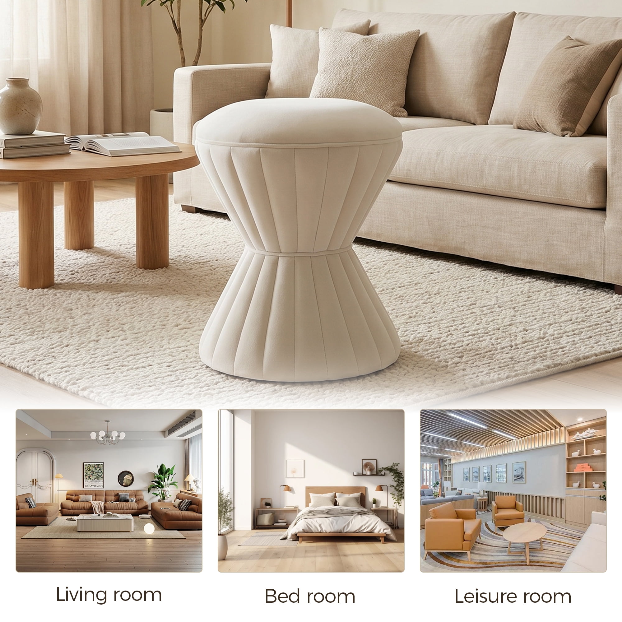 Multifunction Velvet Ottoman, Upholstered Vanity Stool Chair, Sturdy Round Footstool for Makeup, Living Room, Bedroom, Entryway