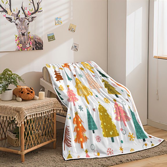 Christmas Tree Throw Blanket, Colorful Xmas Trees Red Stars Snow Snowflake Seamless Throw Flannel Blankets for Couch Bed, Holiday Cartoon Plush Cozy Fuzzy Blanket 50" x 60", Super Soft Warm Blankets