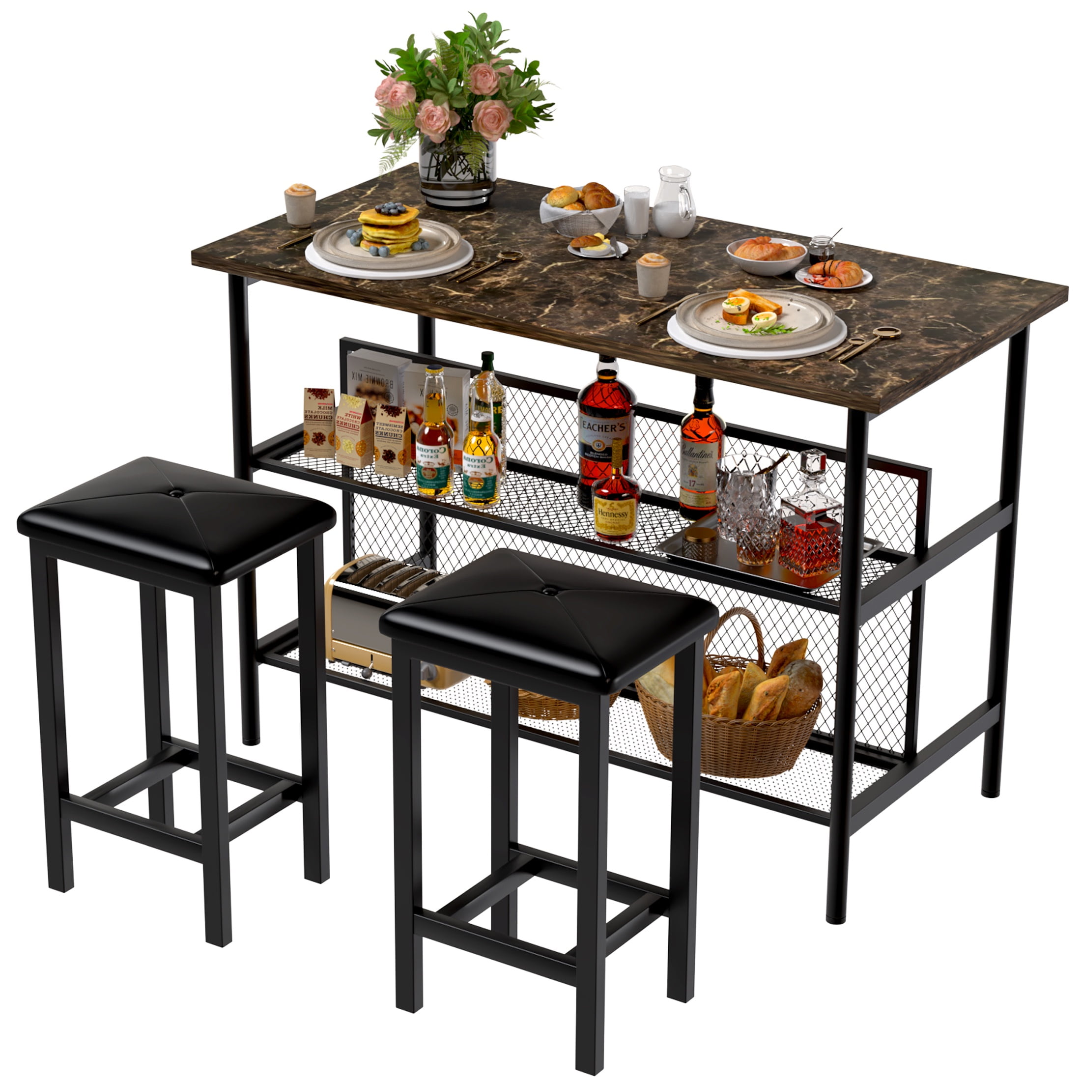 UHOMEPRO Kitchen Island Set Dining Room Set with 2 Stools and 2 Open Shelves 3 Piece Board Dining Table Set with Storage Kitchen Island With