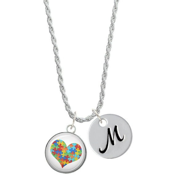 Delight Jewelry Silvertone Domed Puzzle Piece Heart Silvertone Script Initial Disc - M - Charm Necklace, 20"+3"
