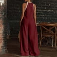 thumbnail image 4 of JULMCOMO Linen Jumpsuits for Women Lace Trim Halter Deep V Neck Summer Jumpsuits Sleeveless Wide Leg Elegant Comfy Loose Fit Rompers Wine L, 4 of 5