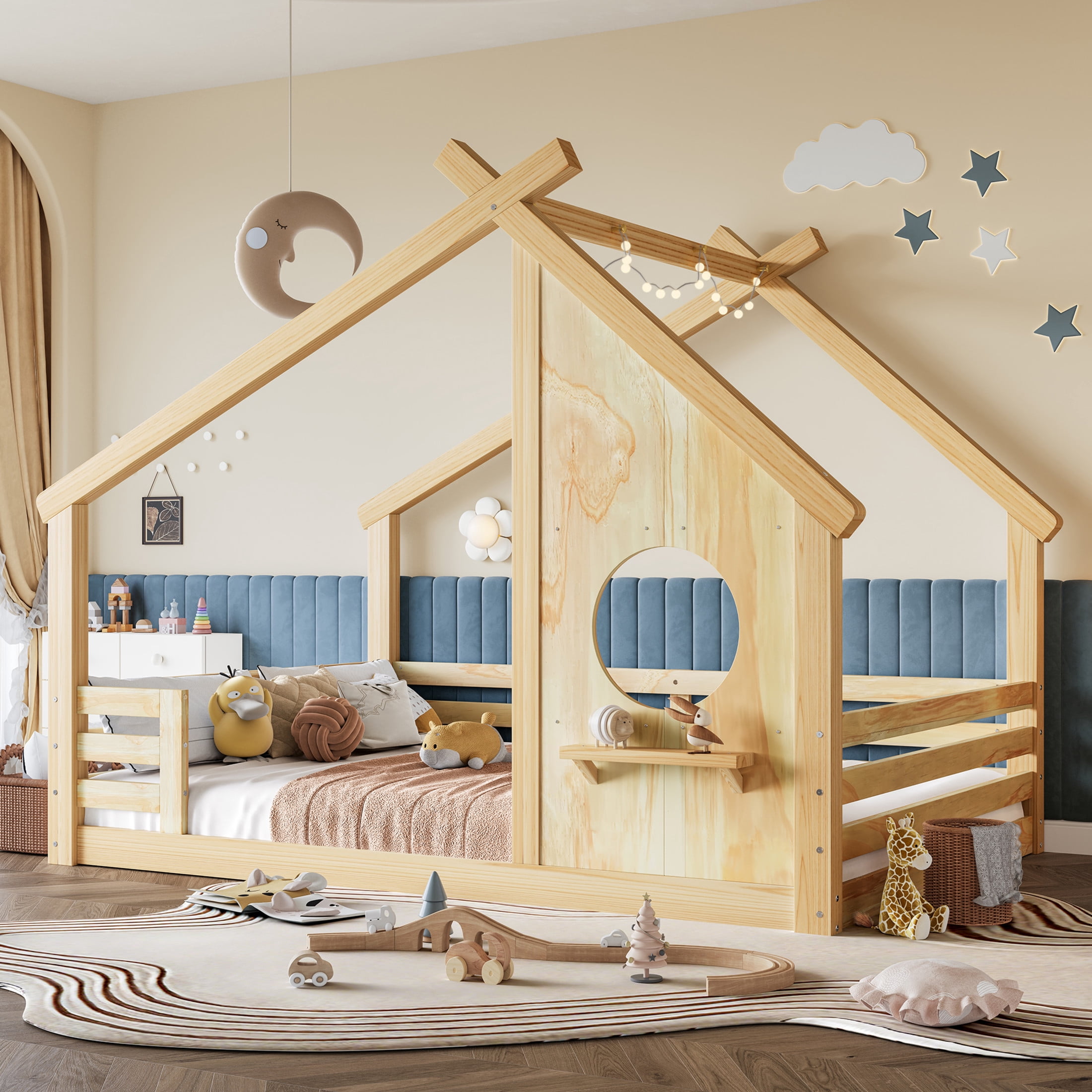 Noble House Full House Floor Bed with Small Shelf, Montessori Kids Bed Frame, Natural
