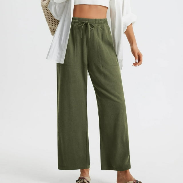 Soki Women's Cotton Linen Drawstring Pants Wide Leg Beach Trousers with Pockets, Slit Hem