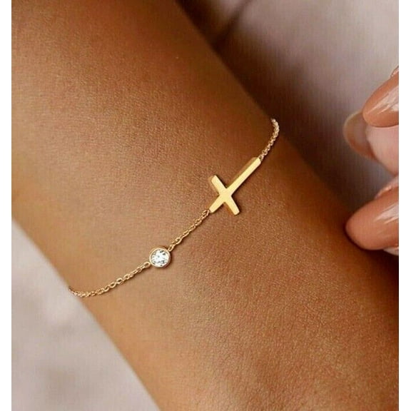 0.30Ct Round Cut Lab-Created Diamond Cross Women's Chain Bracelet 14K Yellow Gold Plated 7"