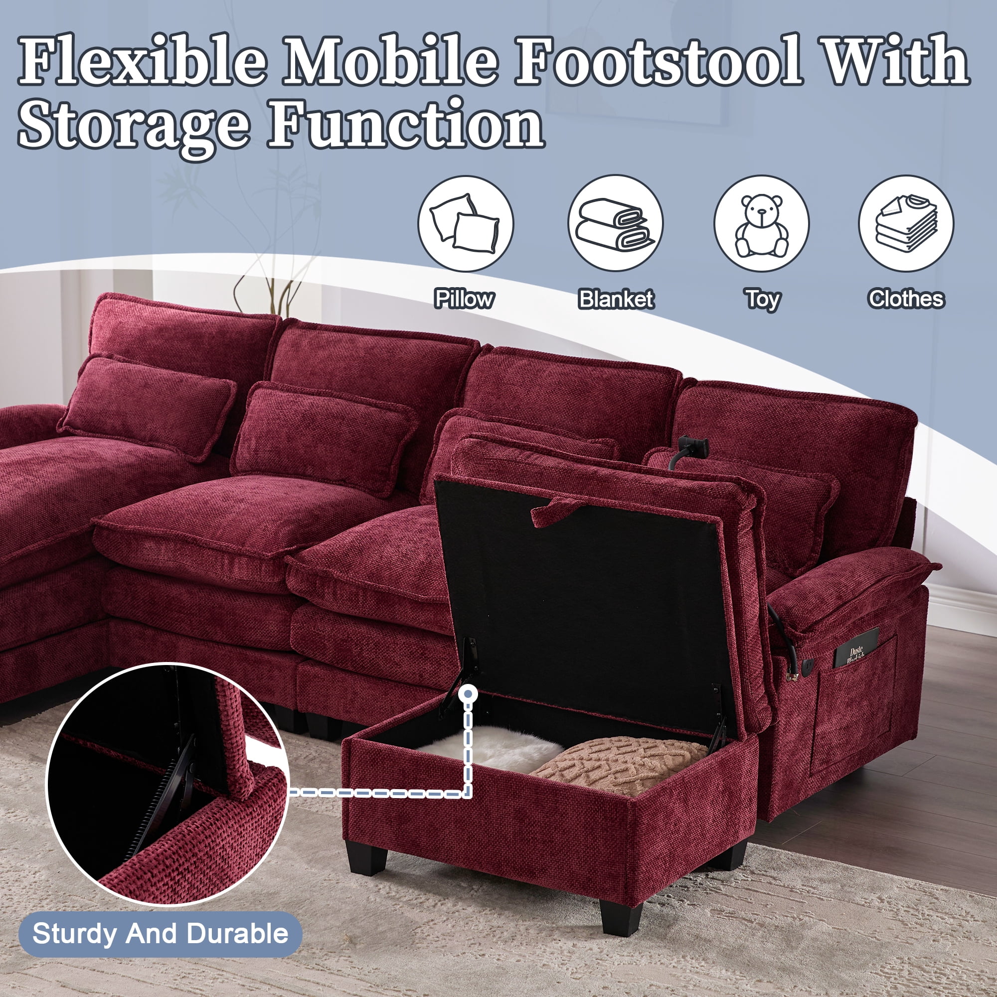 MOONMISS Chenille Upholstered Oversized U-shaped Comfy Modular Sectional Sofa with Storage Ottoman-Wine Red