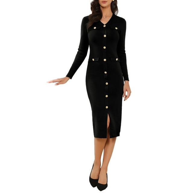 VESTIDO DE SUÉTER AJUSTADO INSPIRADOR PARA MUJER 2025 CON CUELLO EN V, MANGA LARGA, DECORACIÓN DE BOTONES, VESTIDO MIDI TALLA L NEGRO