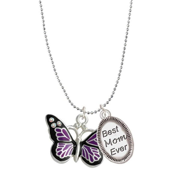 Delight Jewelry Silvertone Large Purple Butterfly with 6 AB Crystals Best Mom Ever Charm Necklace