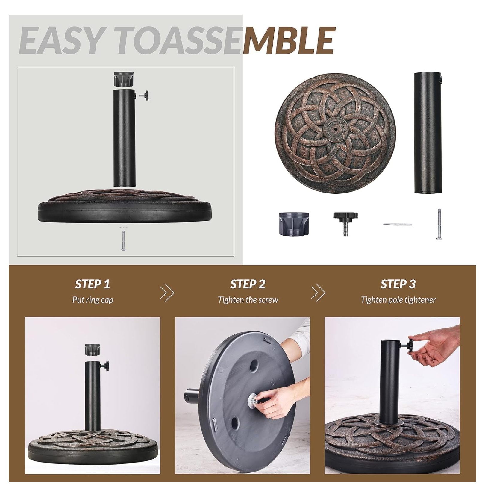Heavy-Duty Umbrella Base with Adjustable Pole Holder, 35 Lbs, Bronze - Outdoor Stand and Support for Umbrellas - Ideal for Backyard, Lawn, Poolside, Patio, and Garden
