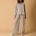 thumbnail image 2 of BLOCLOALO 2 Piece Lounge Set Long Sleeve Tops Women's Fall and Winter Two Color Striped Long Sleeved Pants Fashion Casual Suit V Neck Blouses Wide Leg Lounge Sets Matching Sets Women Clothing Khaki Xl, 2 of 4