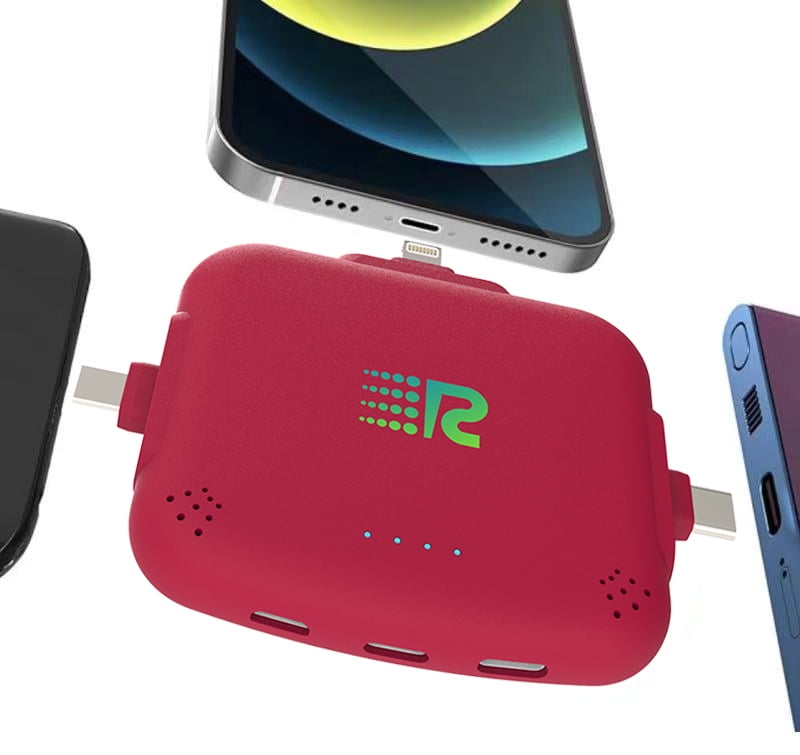 Rush Charge Universe 3 in 1 Portable Charger – 3300mah, 2.4A High-Speed Fast Charging Compatible with iPhone and Android Lightning, Type C, Micro-USB Charges 3 Devices at a Time Pre-Charged RC33 Red