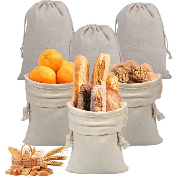 6 Piezas Bolsas de Pan de Lino Con Forro de Plástico, Reutilizables Con Cordón Para Almacenamiento de Productos Horneados y Alimentos Secos