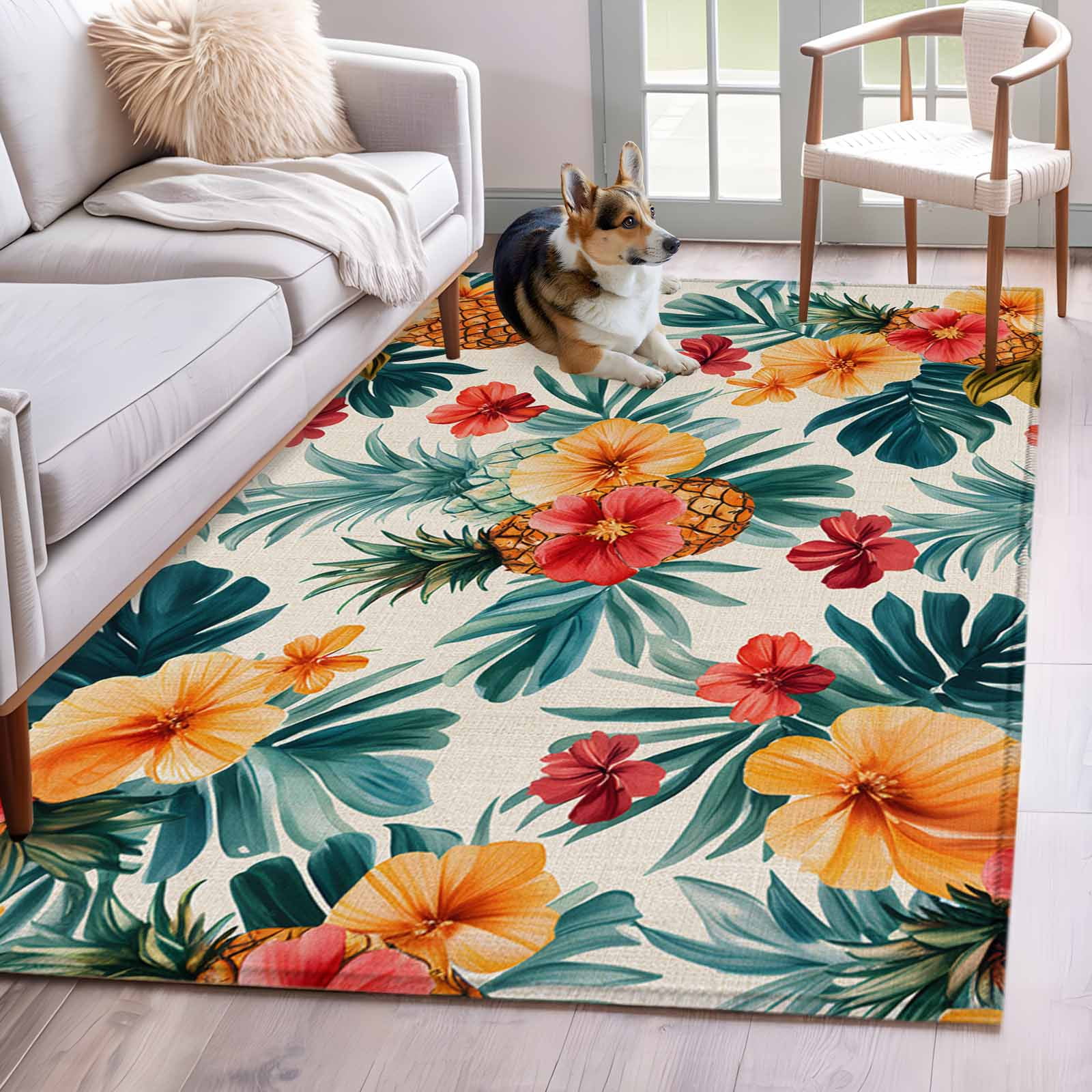 Area Rug 4x6ft Summer Colorful Tropical Plants Washable Rugs for Living Room Bedroom Blossom Floral Leaves Soft Non-slip Area Rugs Rectangle Floor Carpet for Dining Room