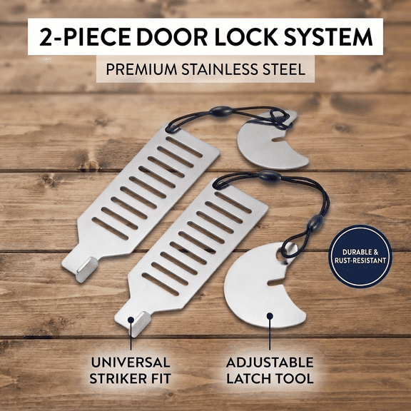 Portable Door Lock with Metal Latch & Striker, No-Drilling, Stainless Steel, 2-Sets