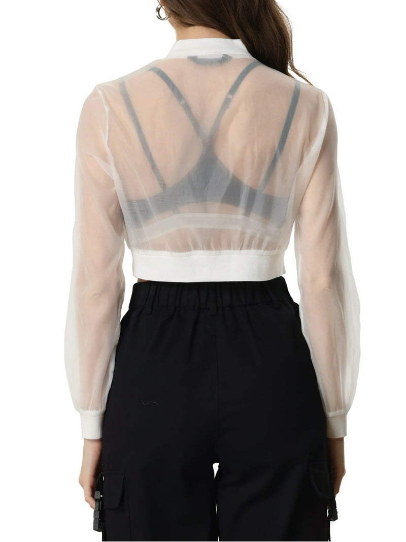 INSPIRE CHIC Bomber Crop Jacket for Women's Sheer Mesh Lightweight
