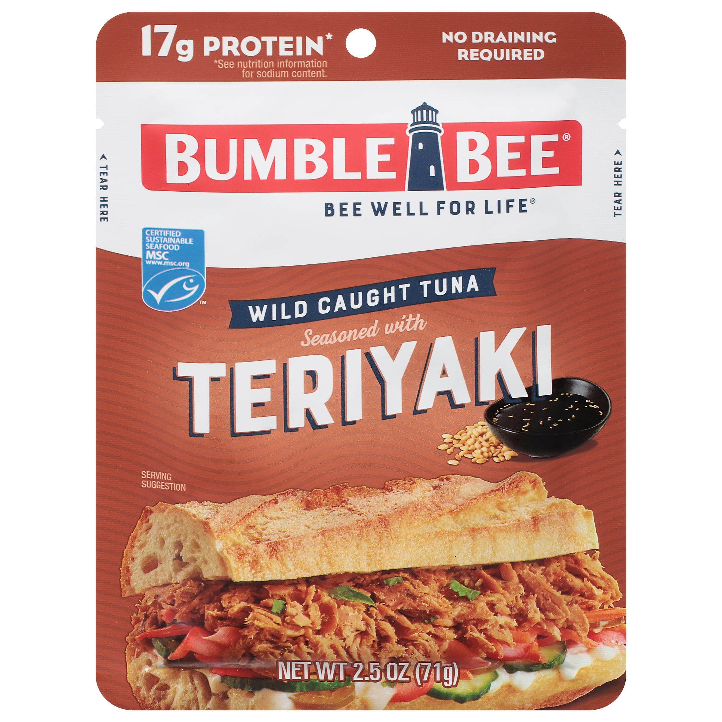 (12 pack) Bumble Bee Teriyaki Seasoned Light Tuna, Wild Caught, 17g Protein per Serving, Ready to Eat, Shelf Stable Pouch, 2.5 oz