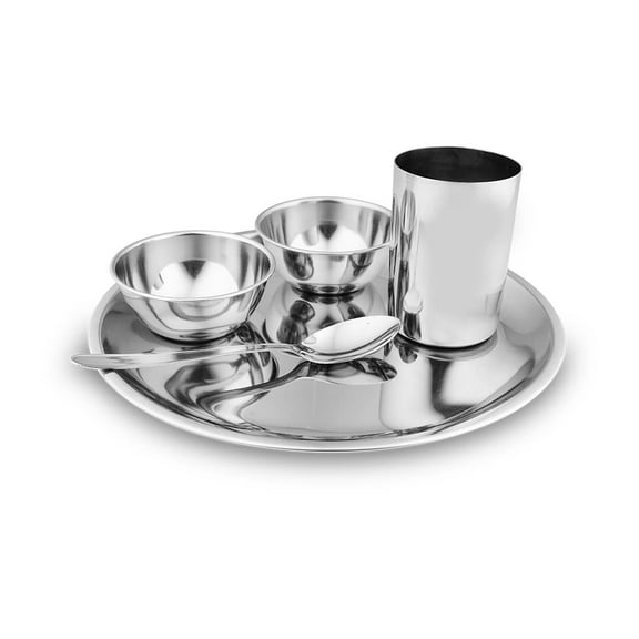 Stainless Steel Delight Solid Dinner Set Of 5 Pieces, Silver | 1 Dinner Plate  1 Glass  2 Bowls  1 Dessert Spoon