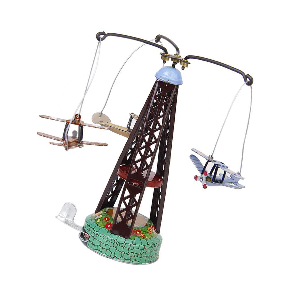 2pcs Wind-up Spining Plane Carousel Clockwork Classic Tin Toy Party Favor 