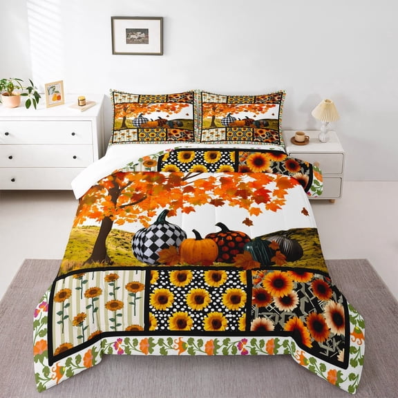 YST Halloween Bedding Set Fall Pumpkin Sunflower Comforter Set Boys Girls Geometric Plaid Decor Comforter Microfiber Maple Leaves Duvet Set Bedroom Quilt Set Toddler Size