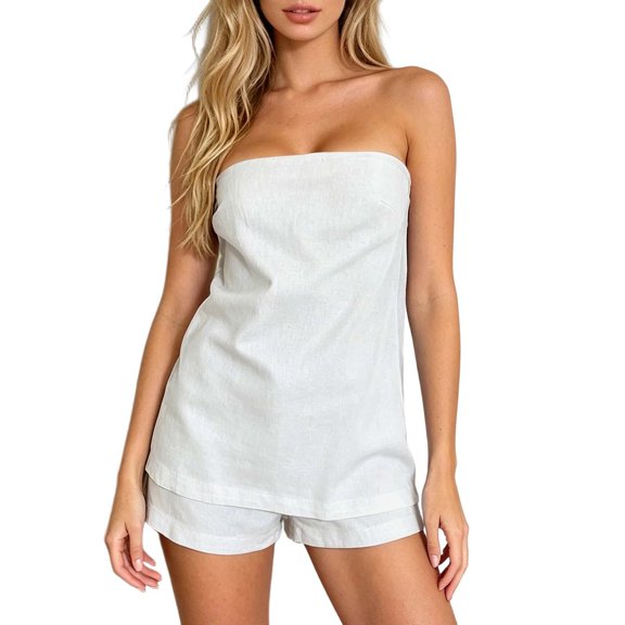 Arlun 2 Piece Sets for Women Summer Linen Sleeveless Strapless Tube Top with Side Slit Button Design Casual Matching Shorts Set Simple Solid Color Loose Beach Vacation Outfits White XL