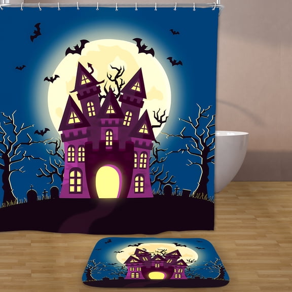 Halloween Shower Curtain Set with Rug, Horror Spooky Forest Castle and Bat Pumpkin Moon, 72 x 72 Inches Halloween Bathroom Decor Waterproof Shower Curtain Set with 12 Hooks