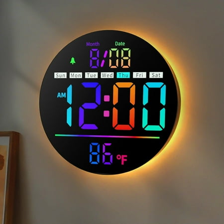 8in Round Digital Wall Clock, RGB Color Display, Auto DST, Temperature, Alarm Clocks for Living Room, Bedroom, Office, Classroom, Gym Countdown Timer