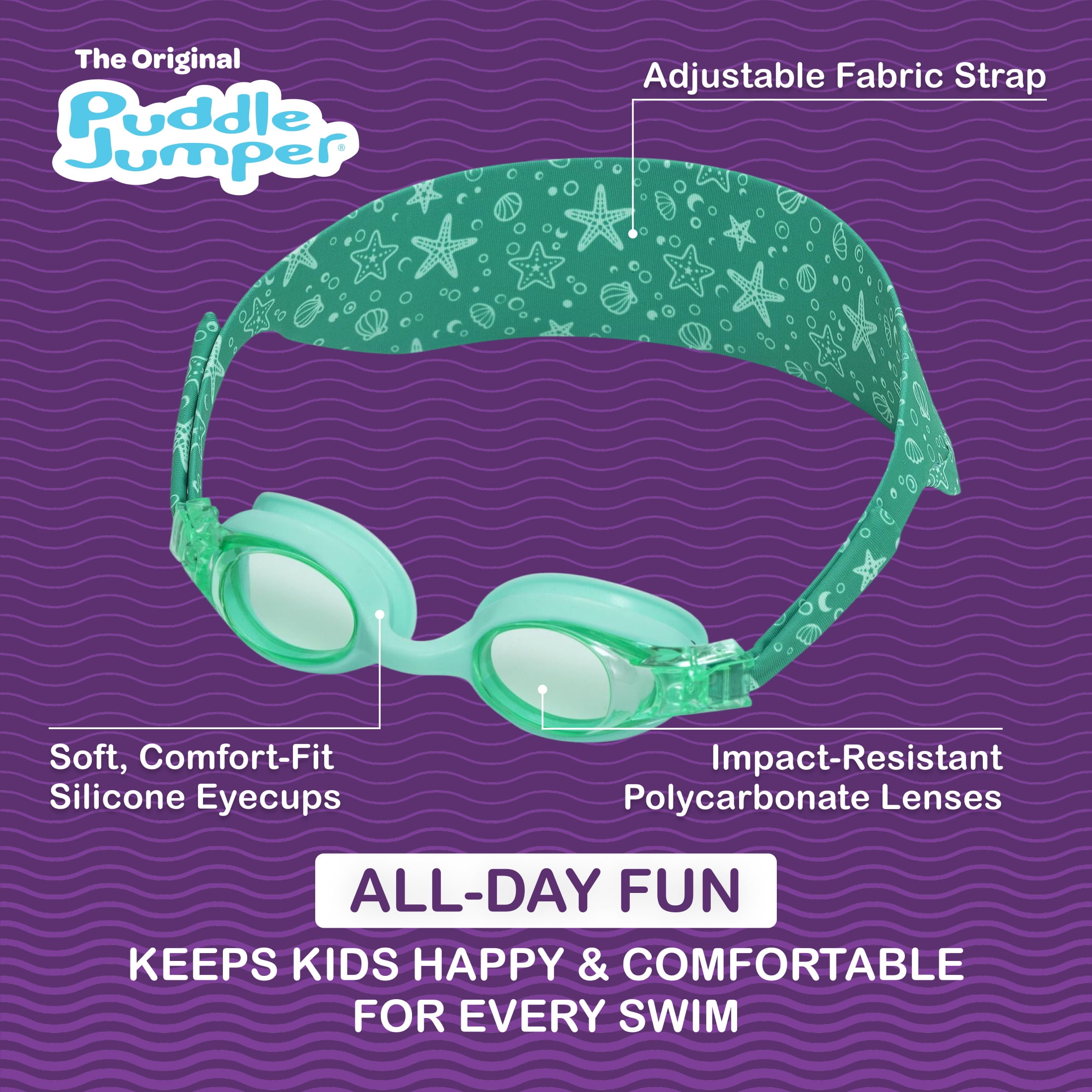 Puddle Jumper Child Fabric Swim Goggles, Green, Non-Latex and Non-PVC, Kids Ages 3+