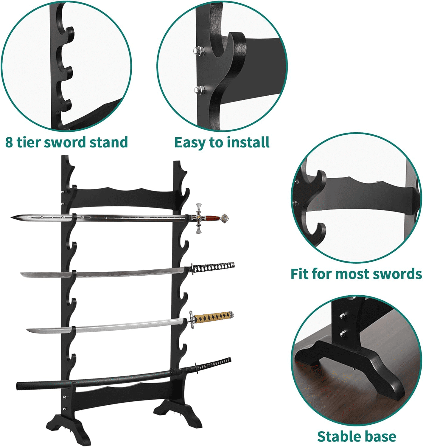 Gtouse 8 Tier Sword Stand, Wooden Japanese Samurai Sword Holder, Sword Display Stand Floor for Katana