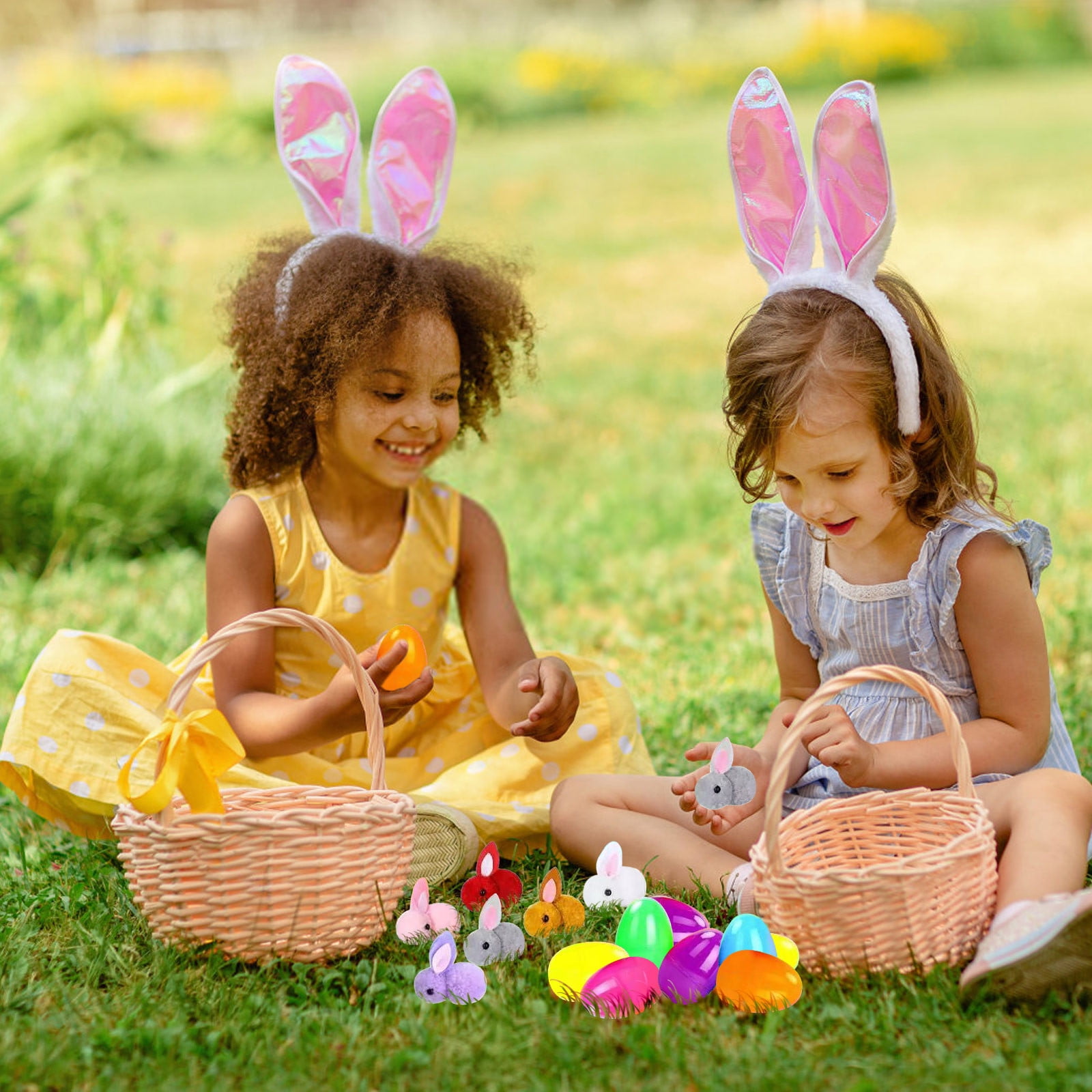 Easter Basket Stuffers with Bunny 12 Pack Easter Eggs Filled with Mini Plush Bunny Rabbit Toys Easter Stuffers for Easter Party Indoor Outdoor Hunt Games Decorations