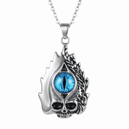 Stainless Steel Mystic Eye Skull Pendant Necklace Fantasy Inspired Charm Jewelry with 18 Inch Cable Chain Silver Tone Gothic Design 45x28mm