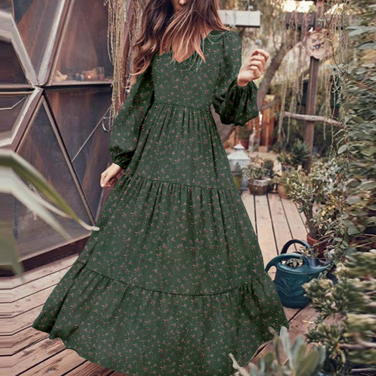 Lady Loose Long Swing Dresses Chiffon Floral Flared Sleeve Sweet Casual  Vacation