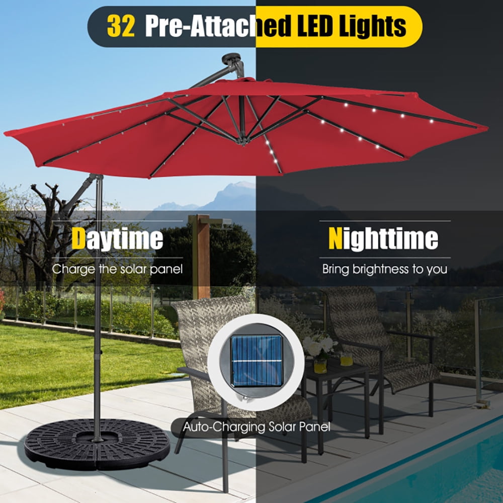 Aimee Lii 10 Feet Patio Solar Powered Cantilever Umbrella with Tilting System, Sunbrella Patio Umbrellas, Red Aimee Lii 10 Feet Patio Solar Powered Cantilever Umbrella with Tilting System, Sunbrella Patio Umbrellas, Red