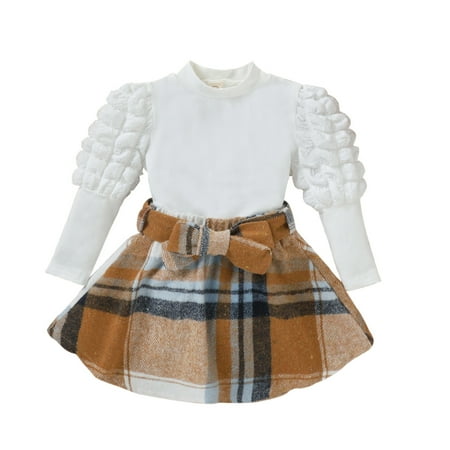 

Toddler Kids Girls Clothes Set Ribbed Top T Shirt Plaid Skirt With Hat Outfits Party Girls Clothing Size 6 Months-4 Years