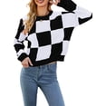 thumbnail image 3 of Liacowi Women Juniors Knitted Sweater Long Sleeve Plaid Contrast Color Pullover Retro Jumpers Tops Fall Loose Knitwear for Teen, 3 of 8
