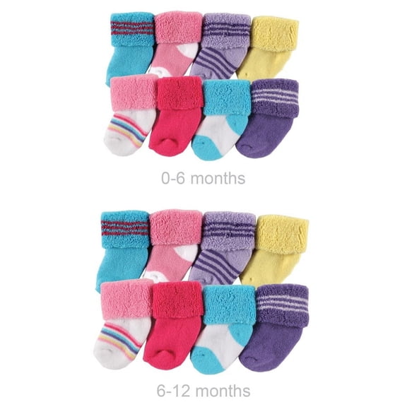 Luvable Friends Infant Girl Grow with Me Cotton Terry Socks, Pink Purple, 0-6 and 6-12 Months
