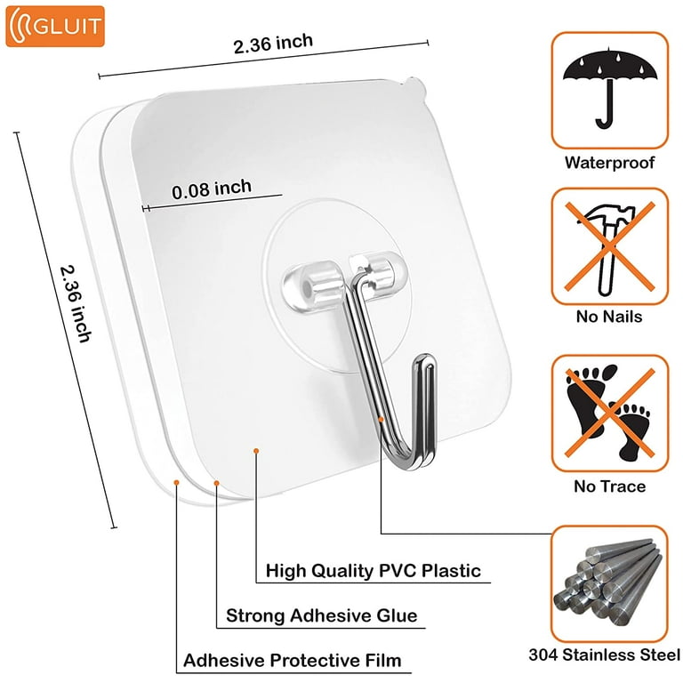 12 Packs Adhesive Hooks For Hanging Heavy Duty Wall Hooks 22 Lbs Self  Adhesive Sticky Hooks Waterproof Transparent Hooks For Keys Bathroom Shower  Outd