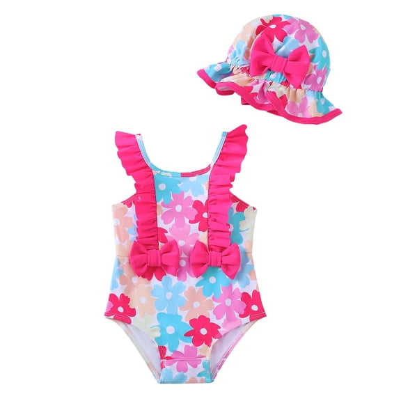 KIMI BEAR 3 Months Newborn Baby Girls One-piece Swimsuit 6 Months Bathing Suit Ruffle Sleeveless Rash Guard Beach Wear Bowknot Floral Swimwear with Hat 2pcs Summer Beach Swim Suit Pink