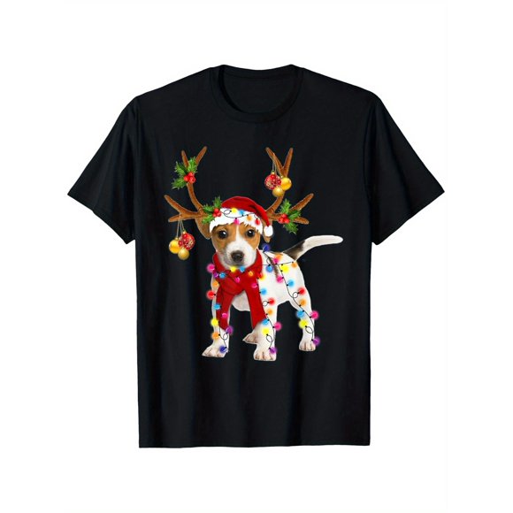 T Shirt Funny Jack Russell Terrier Christmas with Santa Hat & Lights Soft Unisex Dog Lover Tee Jack Russell Terrier Party Outfit