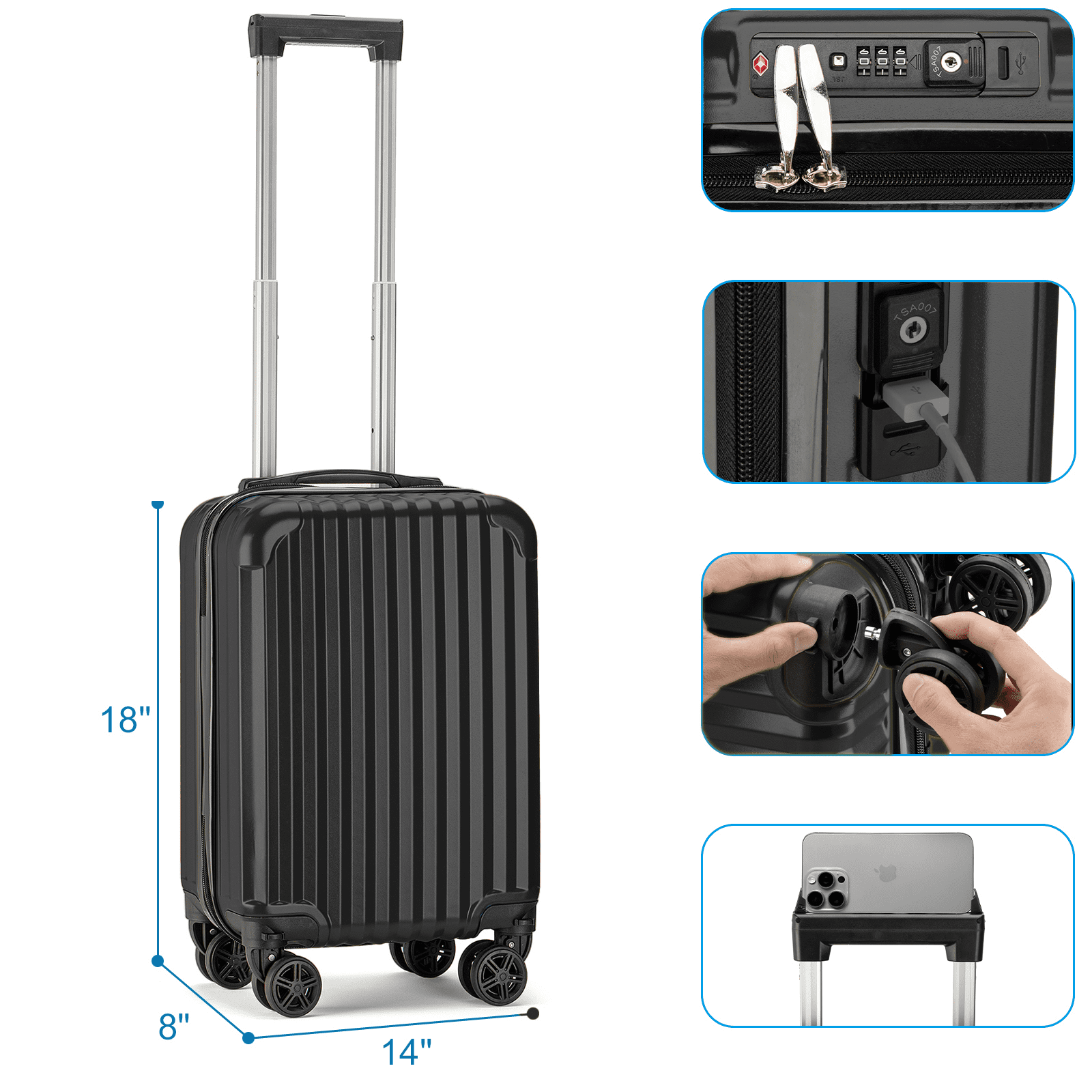 Personal Item Suitcase 18x14x8 Inches Hardside Built In TSA Lock & USB Port Lightweight Luggage With Removable Silent Wheels Underseat Carry-On Bag For Spirit and Frontier and More (Black)