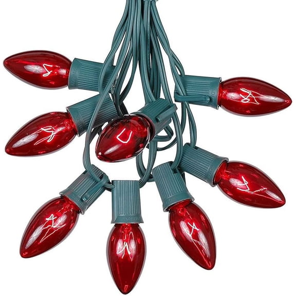 C9 Red Christmas String Light Set - Outdoor Christmas Light String - Hanging Christmas Lights - Roofline Light String - Outdoor Patio String Lights - Green Wire - 25 Foot