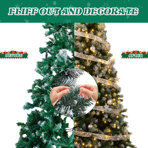 7.5FT Snow-Tipped Pre-Lit Christmas Tree - 1223 PVC Branch Tips 350 Warm White LEDs Silver Ribbon Ornaments + Fence Tree Skirt Included